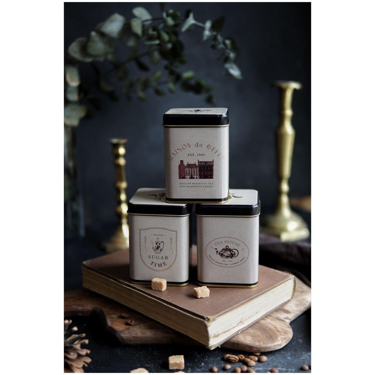 Square Metal Canister Set – 87x87x125 mm (Set of 3) Vintage Café-Inspired Linen Texture Design
 Azura Design